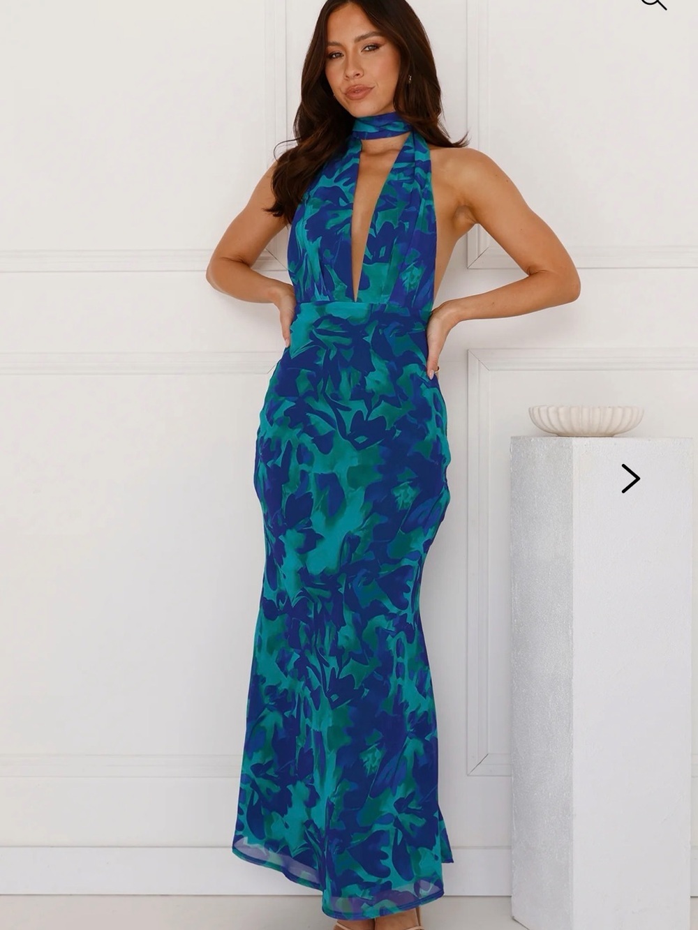 Teal & Blue Halter Plunge Maxi Dress
